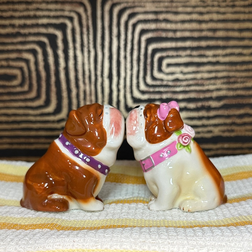 Bulldog Figurines with Pink and Purple Collars